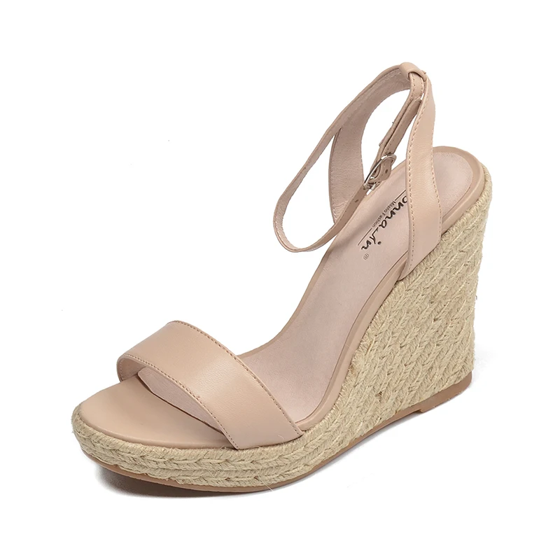 NUDE LEATHER Donna-in/; Летние босоножки на платформе; женская обувь на танкетке из натуральной кожи на высоком каблуке; женская обувь с открытым носком; брендовая модная обувь; цвет черный, розовый, синий - Цвет: NUDE LEATHER
