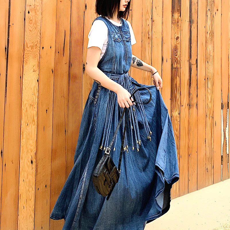 Женское джинсовое платье с вышивкой винтажное длинное трапециевидной формы