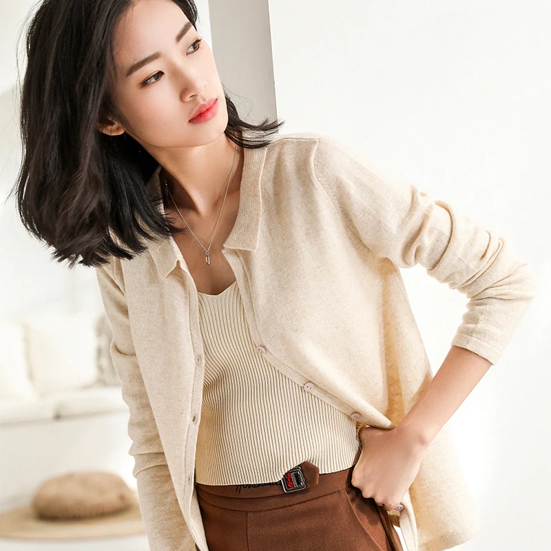 BARESKIY Cashmere sweater female spring new lapel round neck cardigan casual short pure color thin coat cashmere shirt |