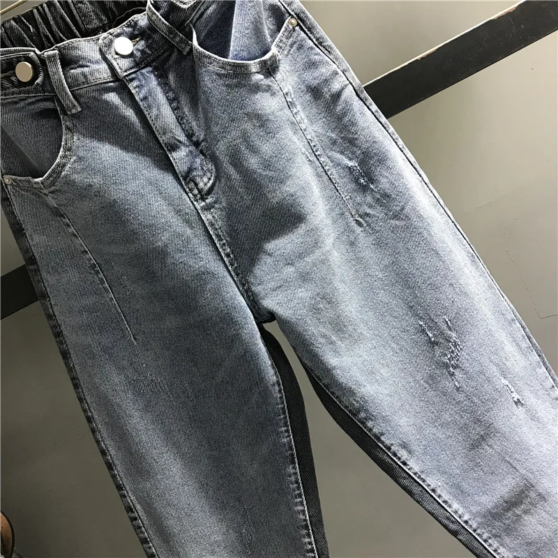 Hot Sale Ripped Jeans Women High Waist Washed Denim Female Casual Elastic Pants Stretch Solid Loose K517 | Женская одежда