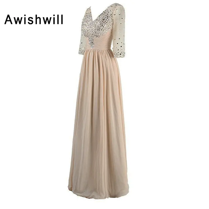 New Arrival 2020 Long Evening Dress With 3/4 Sleeves V-neck Beadings Chiffon Banquet Mother of The Bride Dresses Robe De Soiree | Свадьбы и