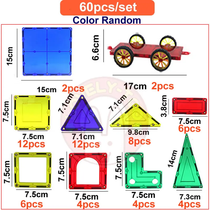 60pcs Магнитные блоки Строительные кирпичи магнитные плитки игры конструктор Строительный набор Магнитная игрушка модель Развивающие игрушки для детей - Цвет: 60pcs