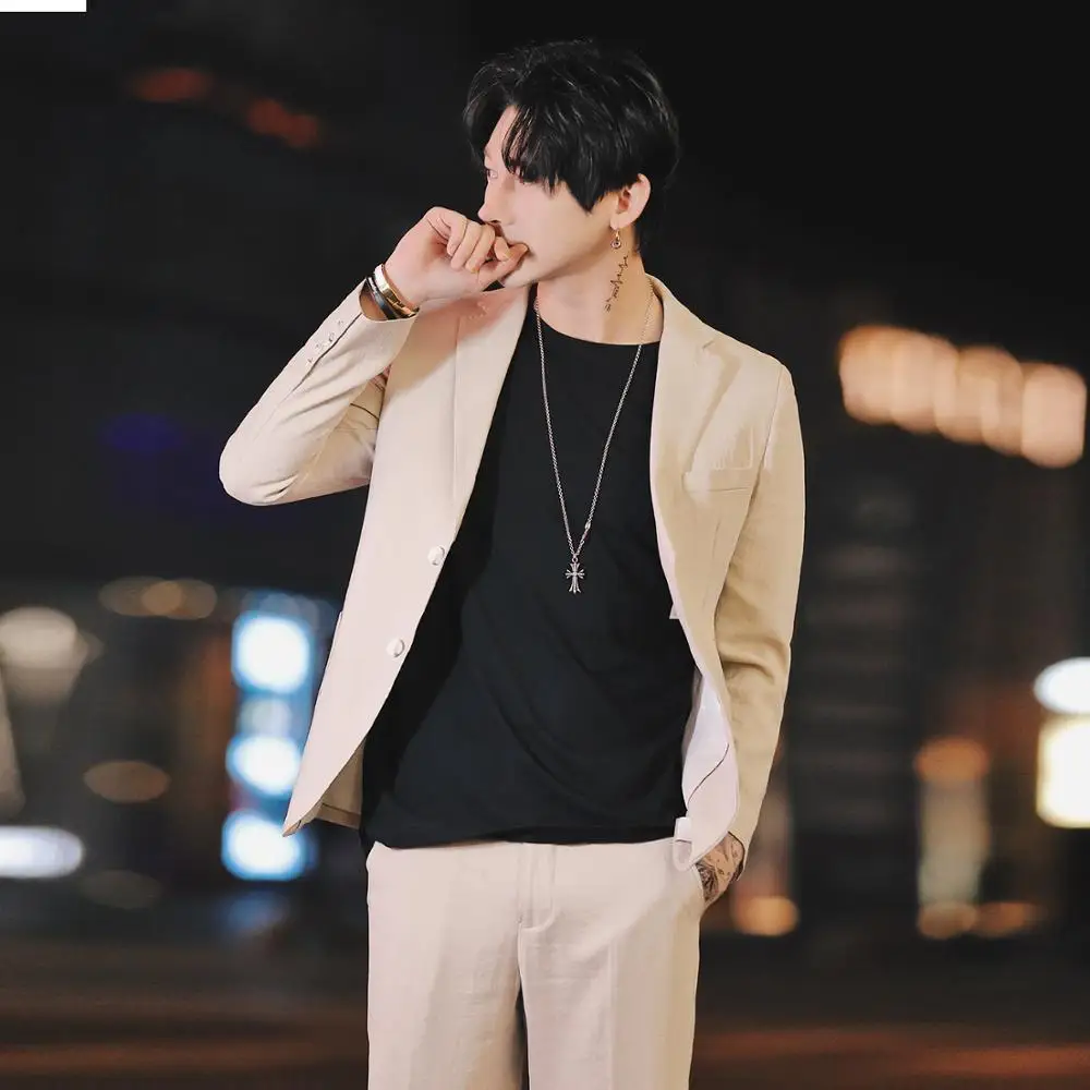 2019 Весна и лето освежающий бежевый корейский однобортный костюм из двух