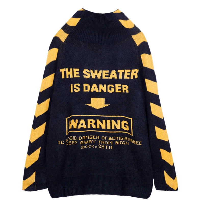 Lovers sweater BF Guochao Street arrow stripes loose oversize knock cool wear high collar knitting on both sides sweaters | Женская