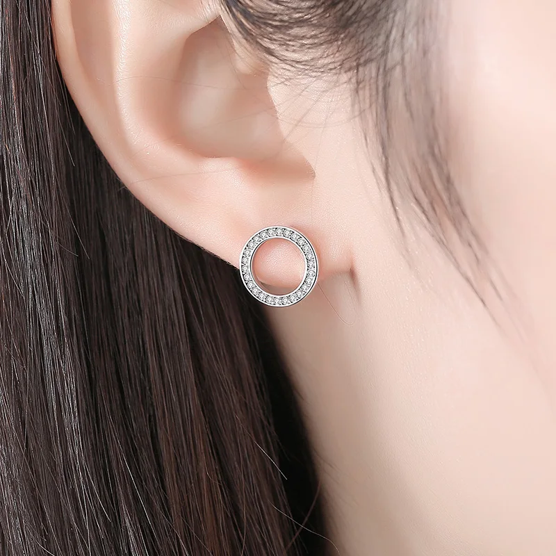

BELAWANG Real 925 Sterling Silver Earrings Clear CZ Forever Circle Round Stud Earrings for Women Wedding Silver Jewelry Brincos
