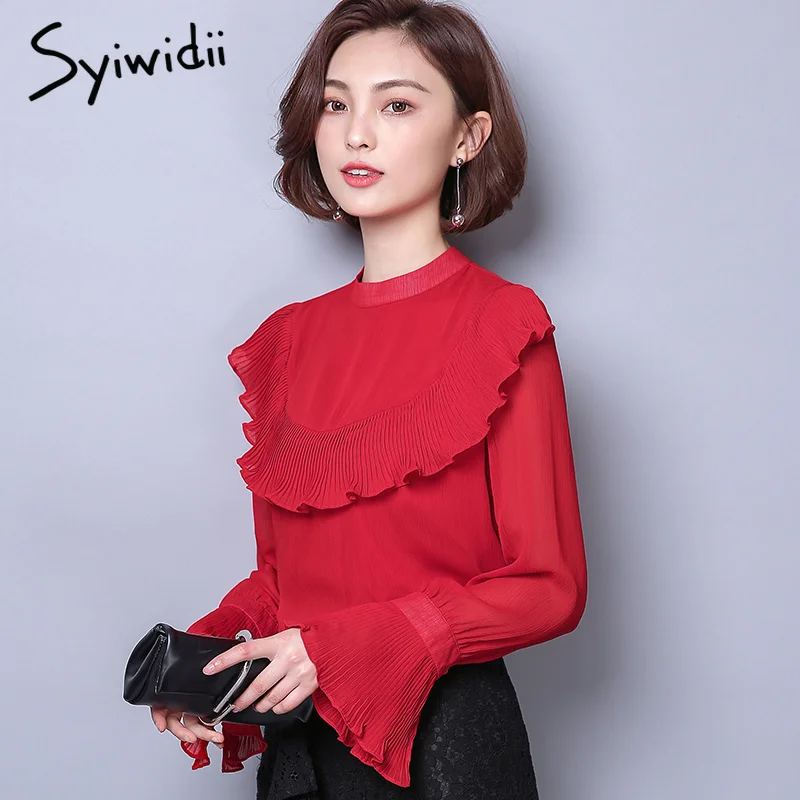 Оборки красные корейские женские рубашки шифон блузки 2019 блузка с длинным