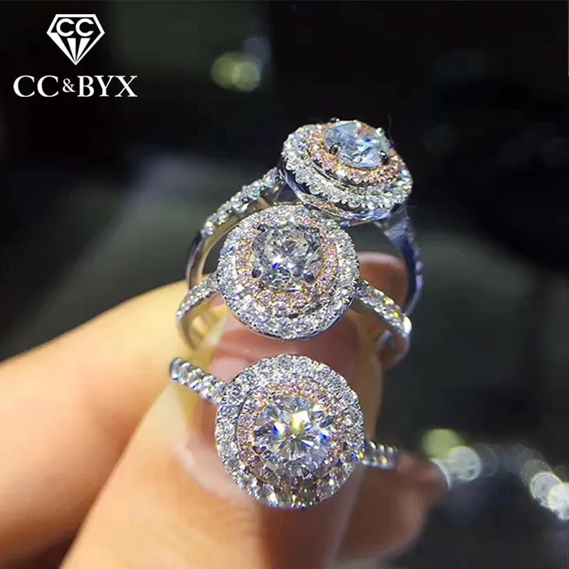 CC S925 серебряные обручальные кольца для женщин розовый круглый кубический
