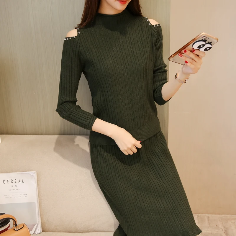 

women sweater skirt 2 pcs clothing set beading decor shoulder pullover sweaters knitwear skirts lady outfit solid design autumn