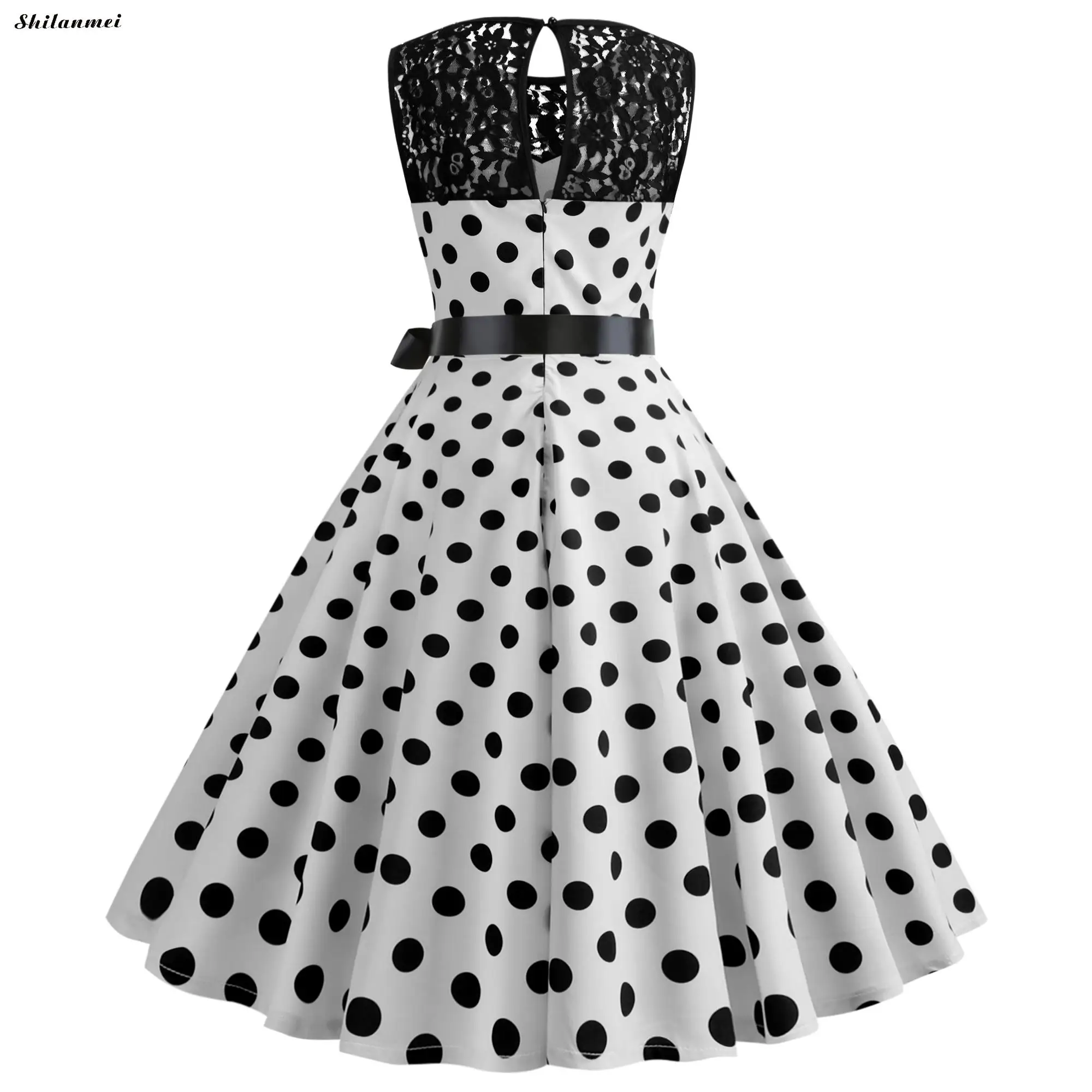 Женское кружевное платье в горошек винтажное плиссированное с высокой талией и
