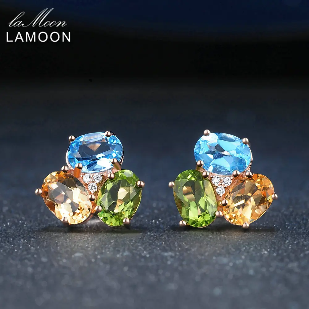 LAMOON 3 шт 3ct Овальный Желтый цитрин Зеленый Перидот Голубой топаз 925 пробы-серебро-ювелирные изделия серьги S925 LMEI037