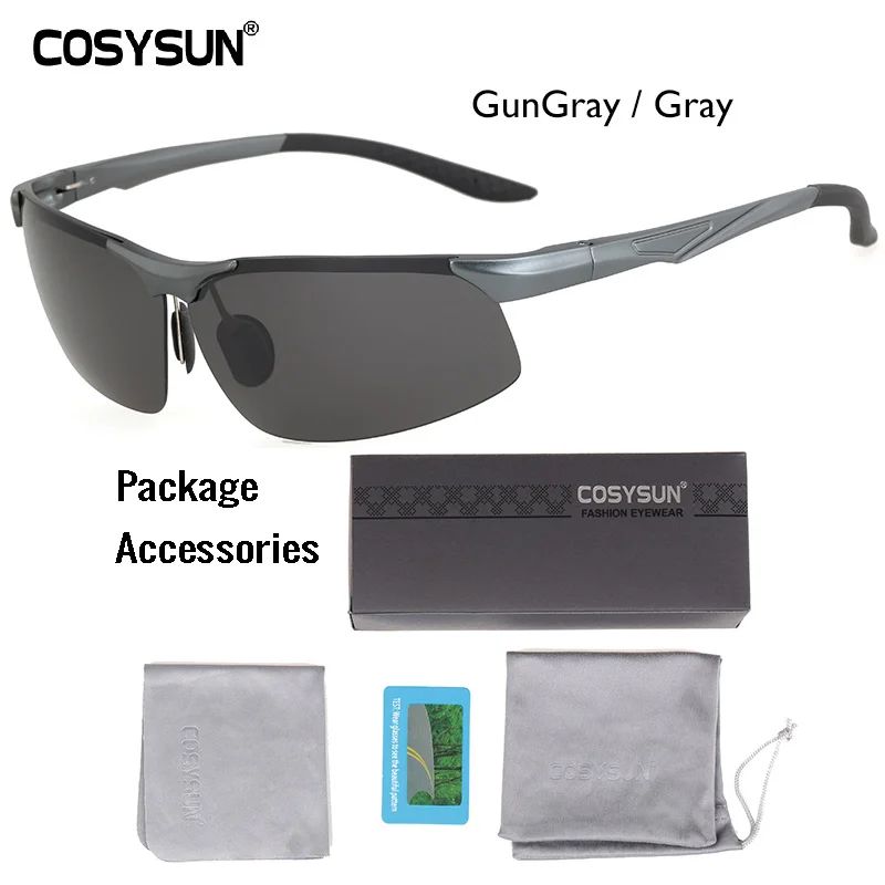 GunGrayBriefPKG COSYSUN, Брендовые мужские солнцезащитные очки, мужские поляризованные солнцезащитные очки, без оправы, алюминиевый сплав, зеркальные линзы, солнцезащитные очки для вождения, Oculos de sol CS0511 - Цвет линз: GunGrayBriefPKG
