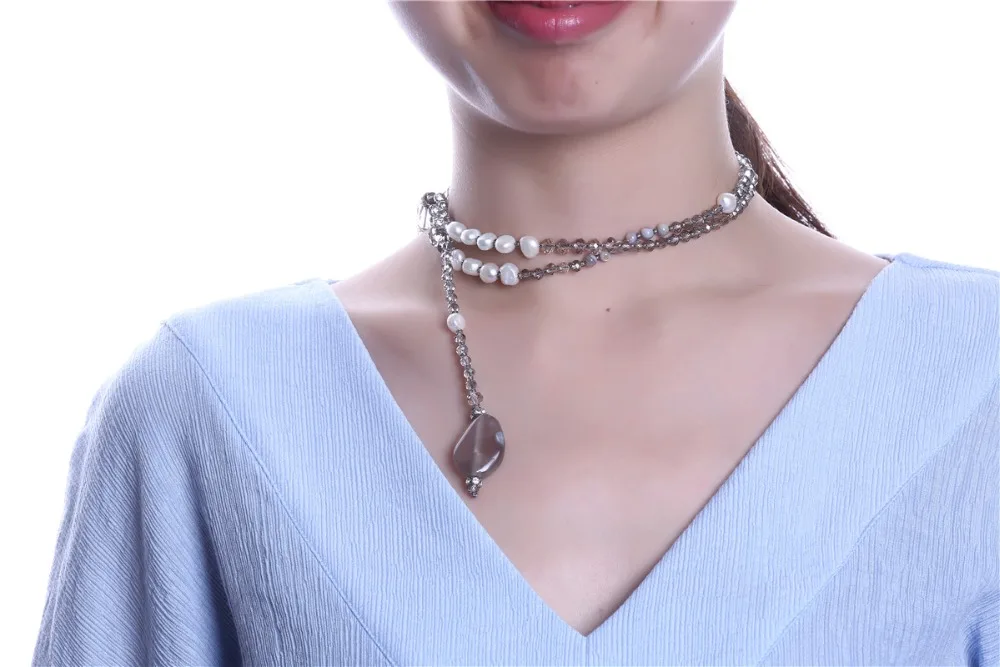 Цепочка с подвеской стразы кристаллами и жемчугом ожерелье кулоном из