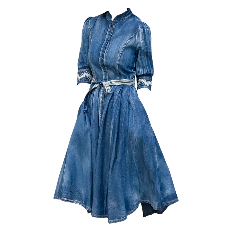 

High Quality Fashion Runway Dress Spring Autumn A-line Denim Dress Embroidery Stand Collar Belt Cowboy Swing Dresses