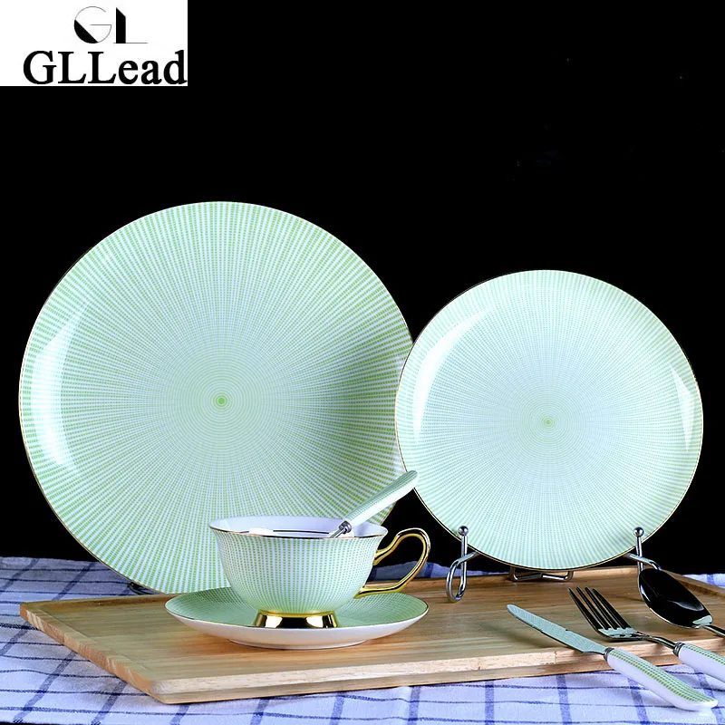GLLead Креативный стиль зеленая полоса костяного фарфора посуда ручная роспись золотой керамический Обеденный Сервиз тарелка и чашка блюдце наборы - Цвет: A
