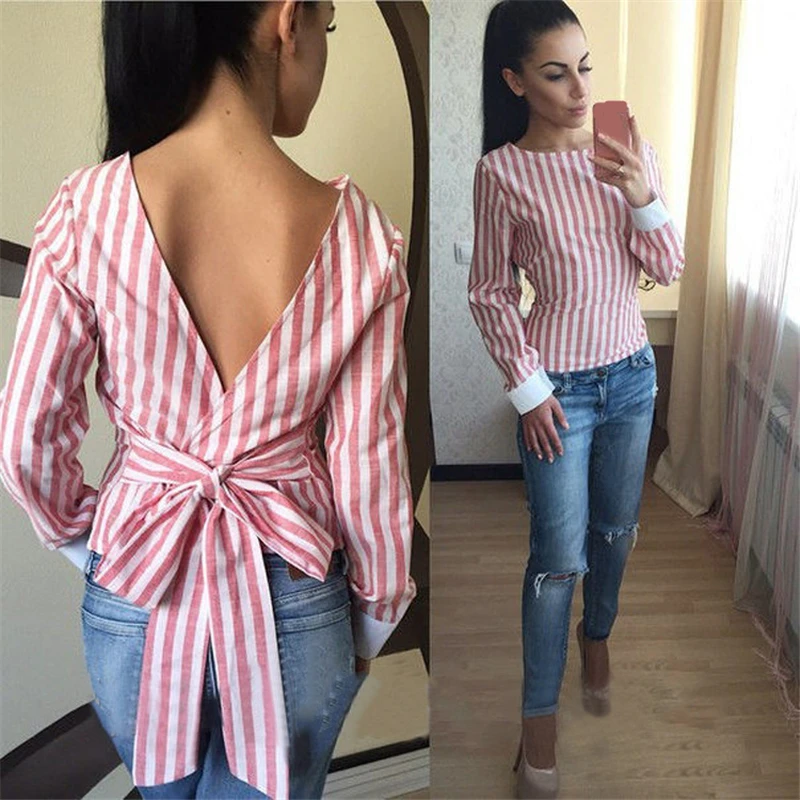 

Autumn Long Sleeve T Shirt NiceWomen Fashion New Color Block Bow Knot Backless Stripe Cute Casual Slim Shirts Tops A524