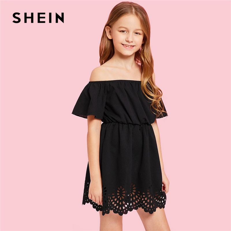 SHEIN/однотонное платье в стиле бохо с открытыми плечами и вырезами, детская одежда, коллекция года, летние платья трапециевидной формы с короткими рукавами и фигурным узором для девочек