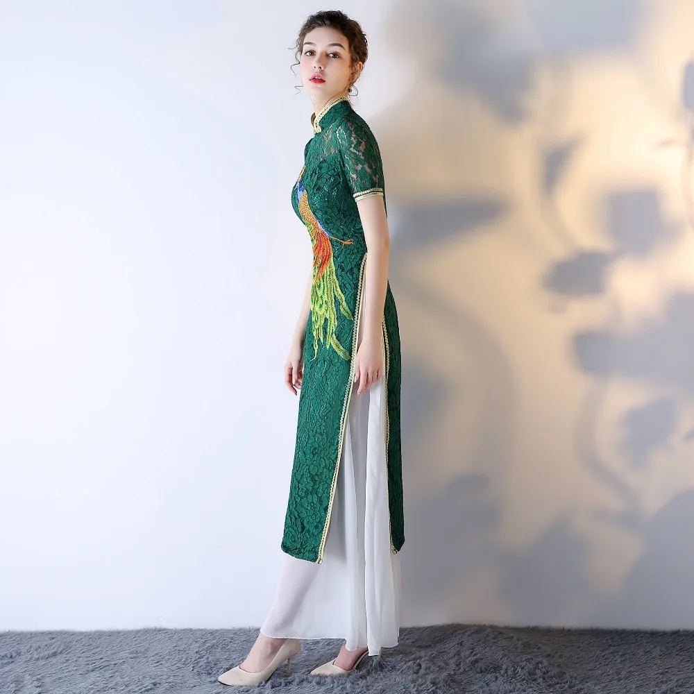 Qipao зеленое кружевное платье с вышивкой Cheongsam современное китайское традиционное