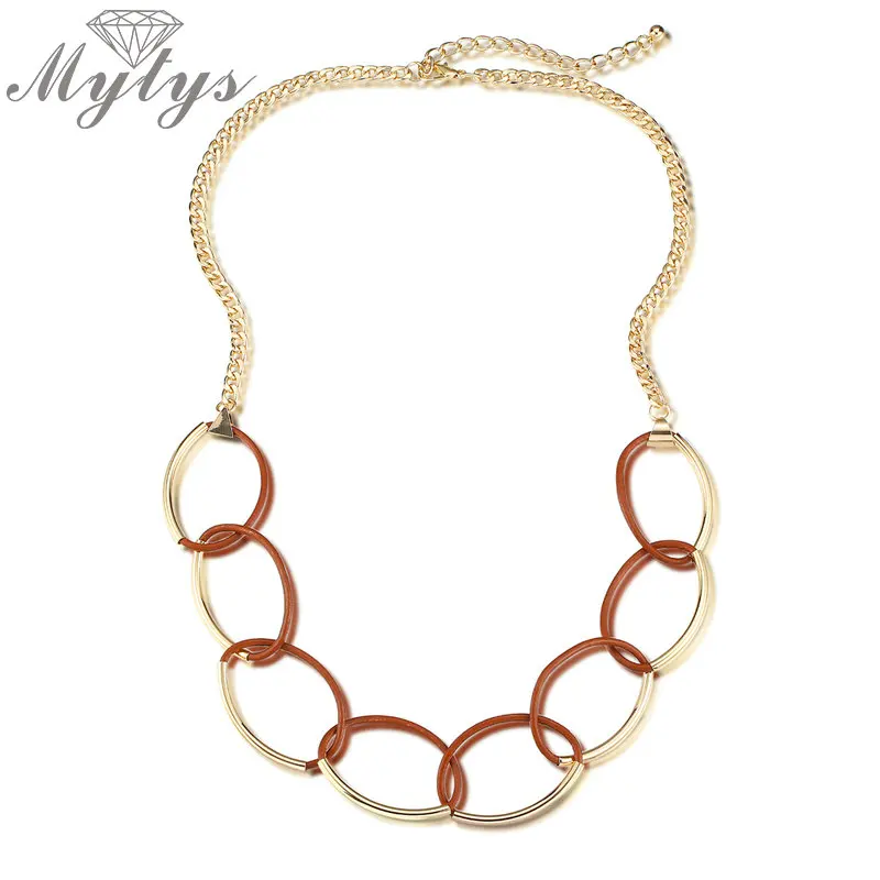 

Mytys Длинная цепочка на свитер ожерелье плоские золотые звенья кожаные круги гипербольное эффектное ожерелье для женщин ювелирные изделия в...