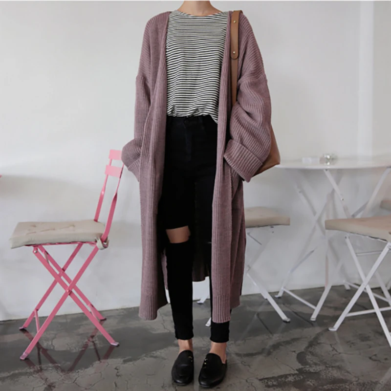 Winter Spring Fashion Casual Clothing Ladies Sweater Long Knit Sweater Women Large Full Sleeve Coat Black Solid Cardigan