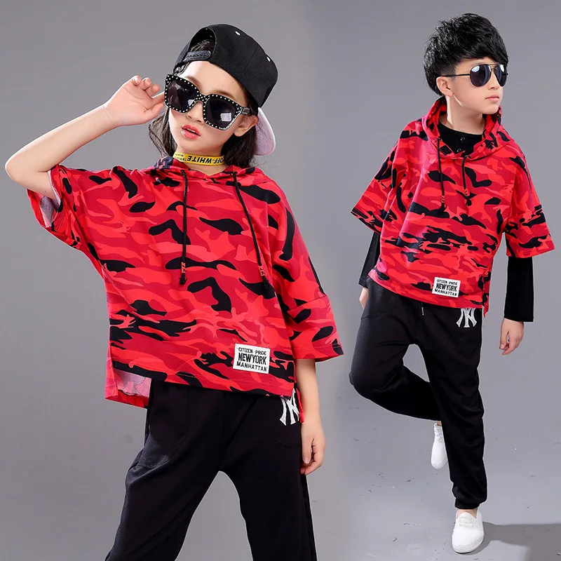 

Cotton Red Black Children Girl Boy Drum Kit Hiphop Hip Hop Jazz Modern Dance Suit Costume Hooded Clothes Outfit