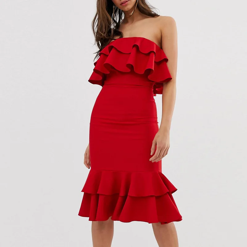 Сексуальное Красное платье без бретелек облегающее гофрированное с открытой