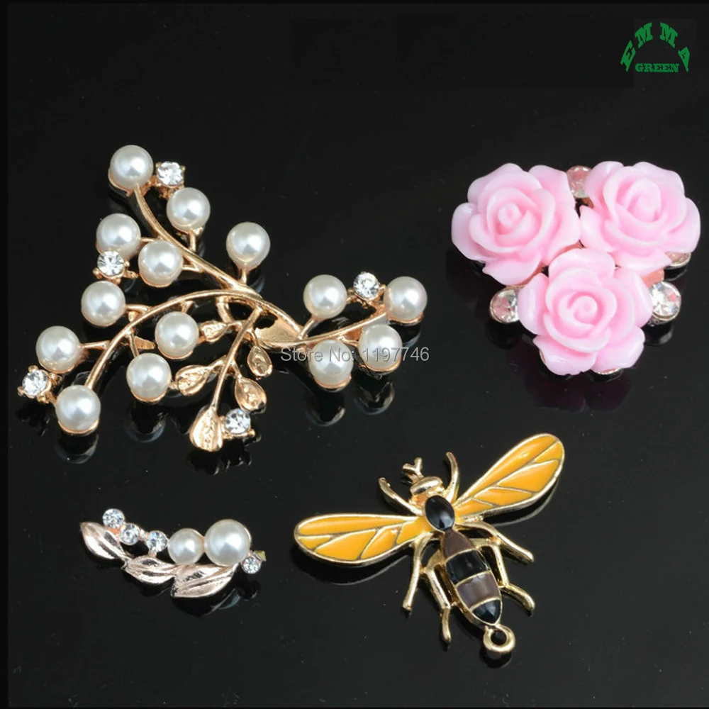 

Crystal Flower Leaf Tree Bee Embellishment With Pearls Flatback Brooch Buckle Button Rhinestone Accessories Hairpin Decor 10pcs