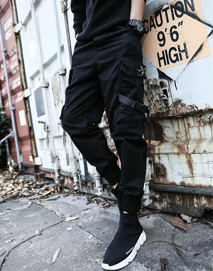 

Men Black Slim Joggers Pants Streetwear Ribbons Casual Ankle-length Pants Hip Pop Side-pockets Cotton Trousers