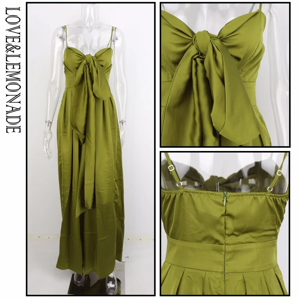 Женский свободный комбинезон LOVE & LEMONADE зеленый на бретелях с бантом модель