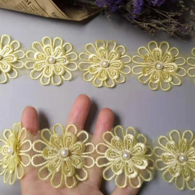 1 ярд желтая растворимая 3D жемчужная Цветочная вышитая фототкань кружевная для