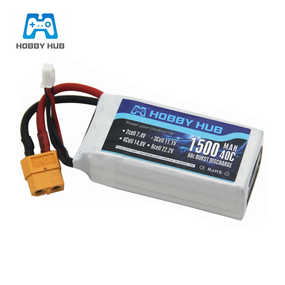 

Аккумулятор Hobby Hub LiPo 11,1 В 1500 мАч 3S 40C Max 60C XT60, разъем для радиоуправляемого квадрокоптера, дрона, вертолета, автомобиля, самолета, игрушечных д...