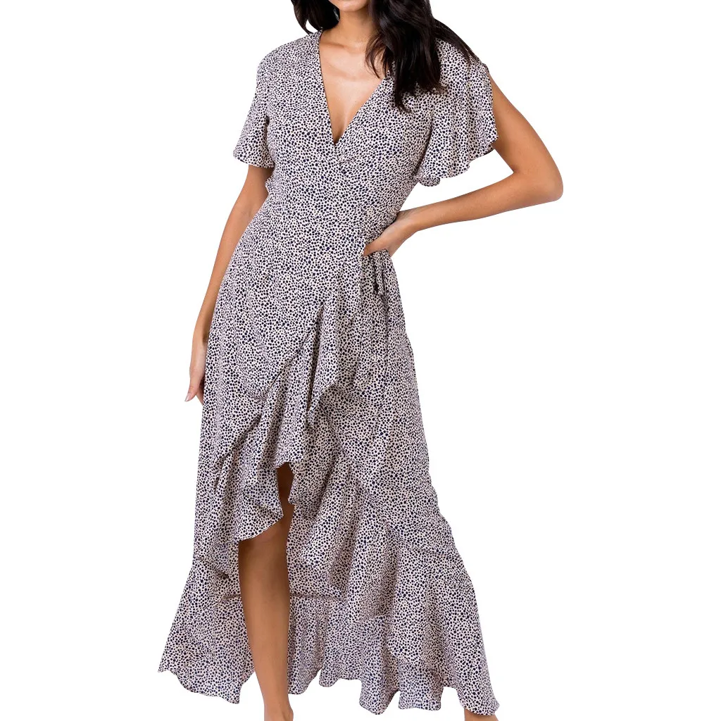 Vestidos Повседневное Mujer плиссированное платье с длинными Для женщин; сезон лето; с v-образным вырезом и расклешенными рукавами Бандажное платье с разрезами с оборками с леопардовым принтом платье Z4