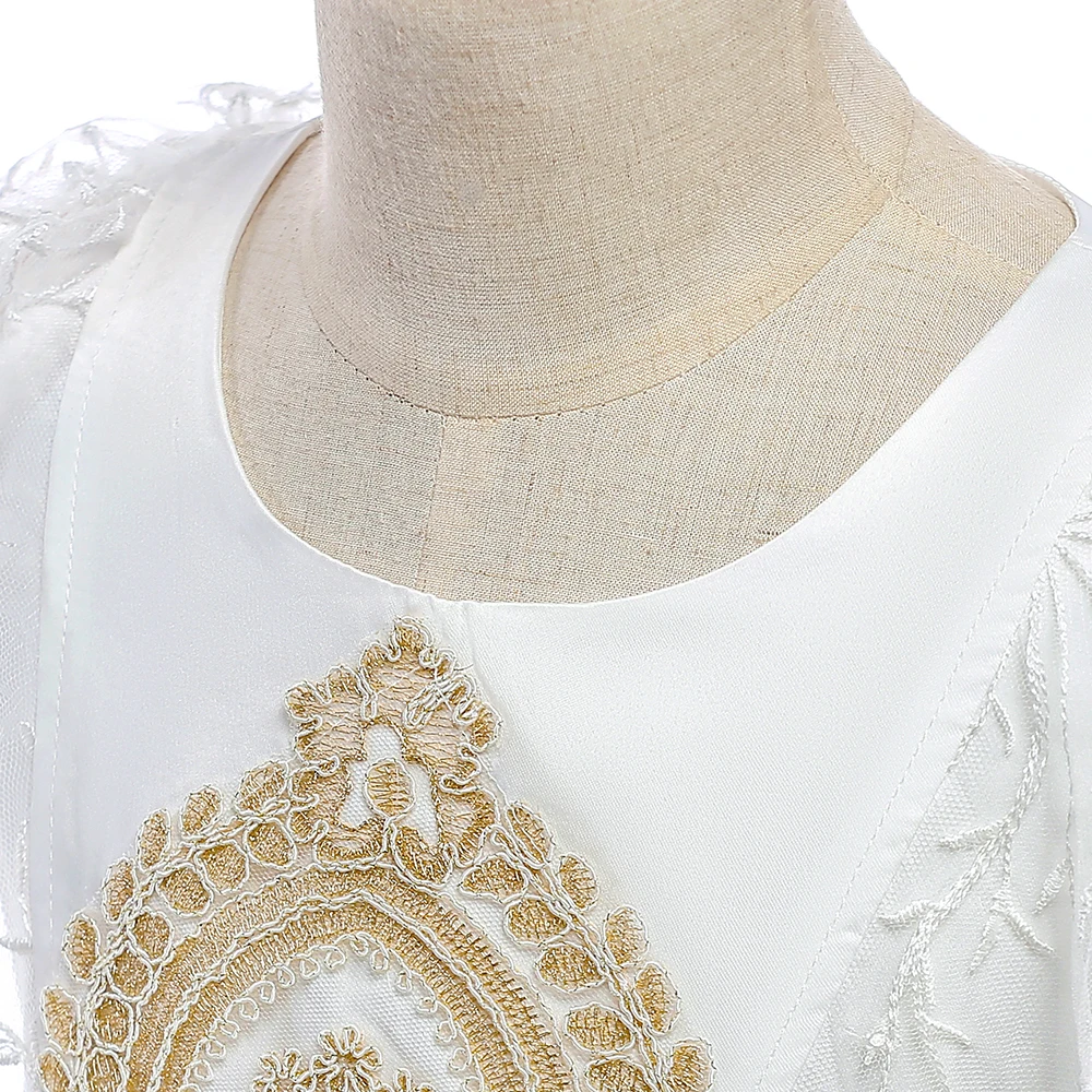 Retail Gold Elegant Lace Short Sleeves Princess Wedding Party Long Dress Appliques Girls Evening Gown LP-208 | Детская одежда и