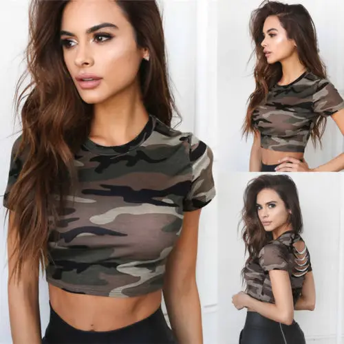 2018 новые модные пикантные летние Для женщин Дамы Повседневное Camo короткий рукав