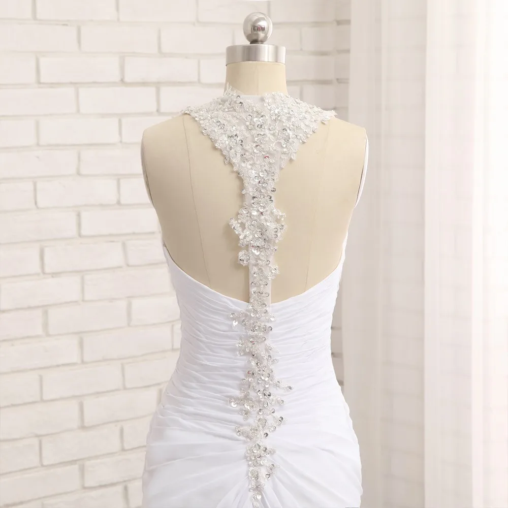 

Vestido De Noiva Beach Wedding Dresses Mermaid Halter Chiffon Applique Lace Vintage Wedding Gown Bridal Dresses HVVLF