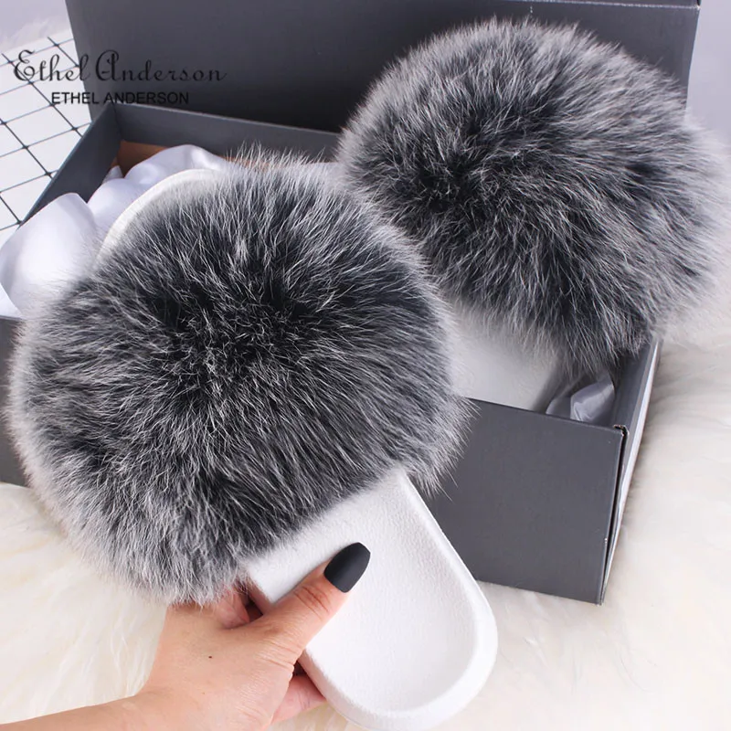 Speckle Black(White) Ethel Anderson/женские меховые тапочки; женские модные пушистые шлепанцы с натуральным лисьим мехом; женские меховые шлепанцы - Цвет: Speckle Black(White)