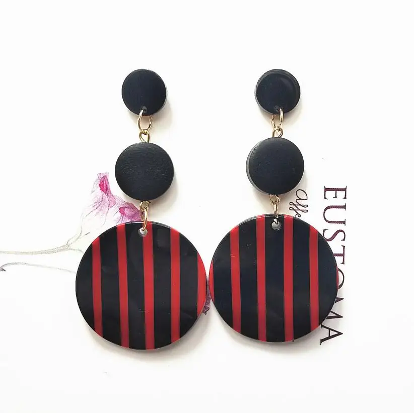 black red black Черные белые большие круглые серьги для женщин, длинные висячие серьги-капли, новинка, корейские серьги в полоску - Окраска металла: black red black