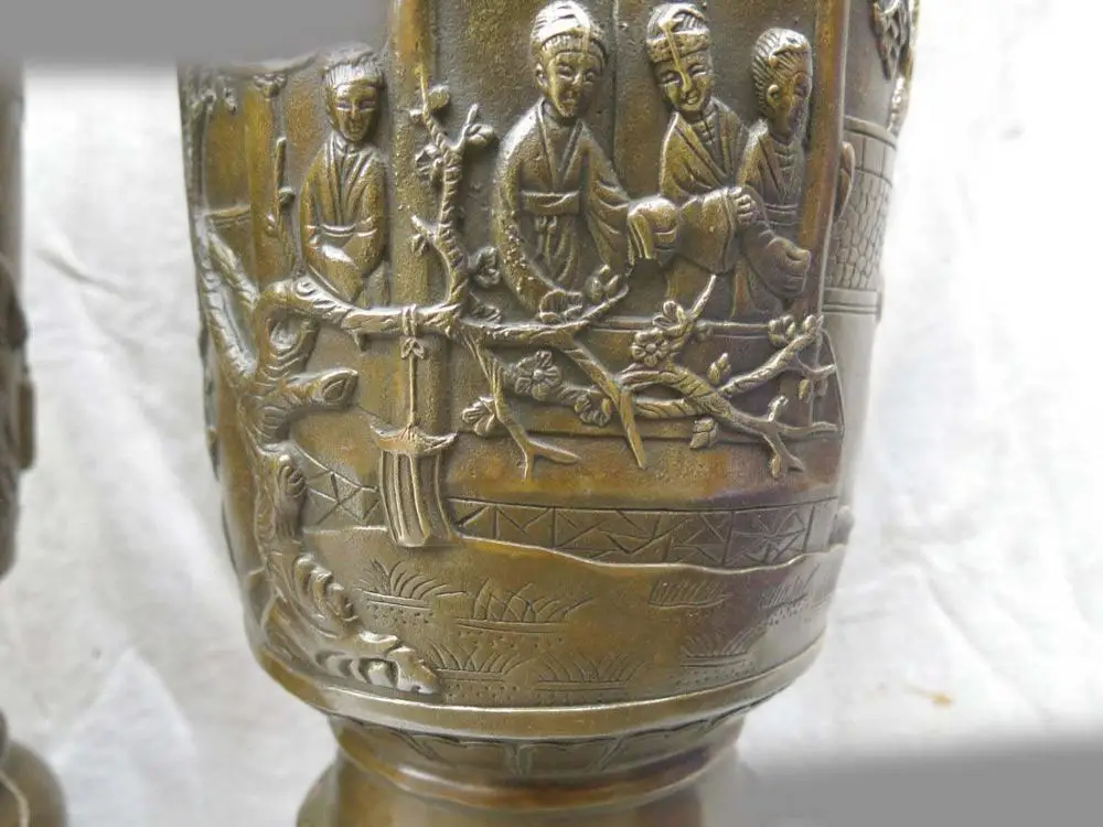 19 &quotКитайская латунная медная резная фигура террасы и открытые холлы вазы пара