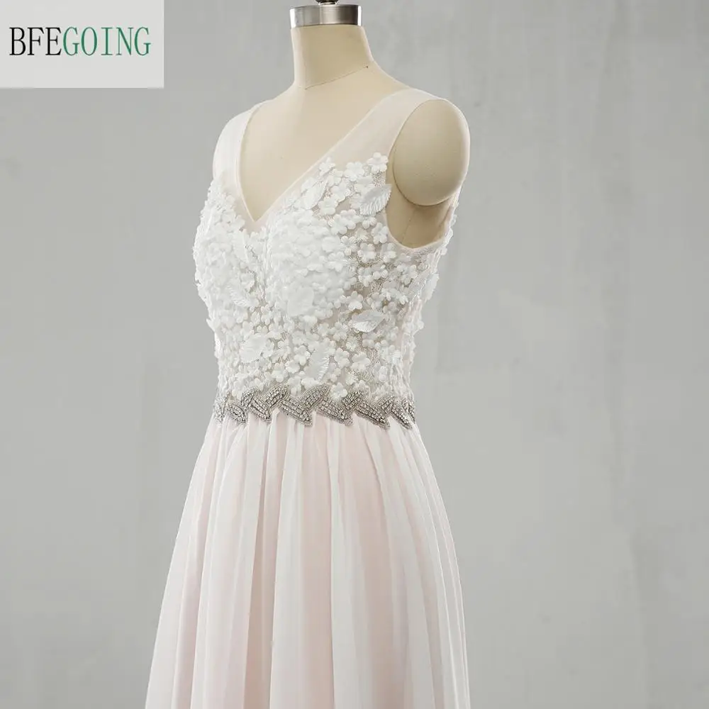 White Lace Appliques Chiffon Satin V-Neck Sleeveless A-Line Floor-Length Wedding Dresses Custom Made Bridal Gown | Свадьбы и
