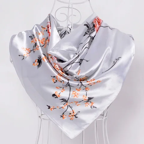 Женский китайский шелковый шарф BYSIFA, зимний клетчатый квадратный атласный платок, 90х90 см, серый, белый цветочный хиджаб, шарфы, палантины