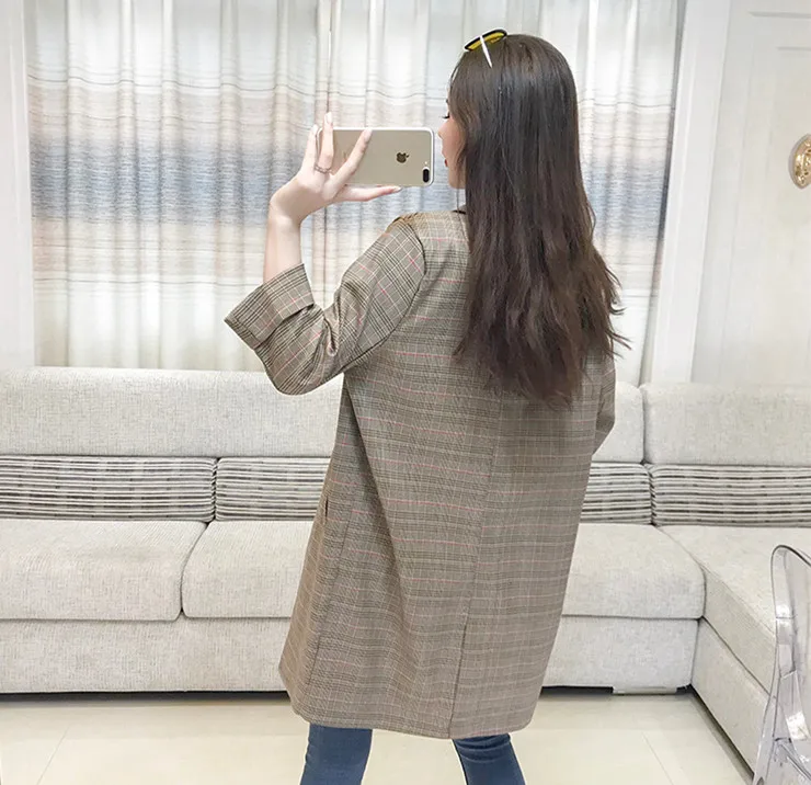 ALPHALMODA осенние женские винтажные клетчатые костюмы с рукавами, однобортный Женский Повседневный тонкий костюм