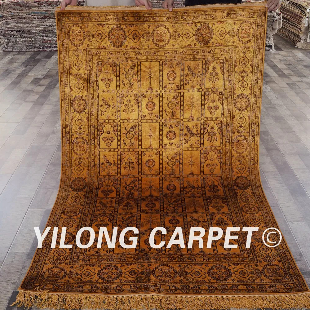 

YILONG 4'x6' Tabriz silk carpet vantage four seasons golden buying persian rugs (YHW28GAB4x6)