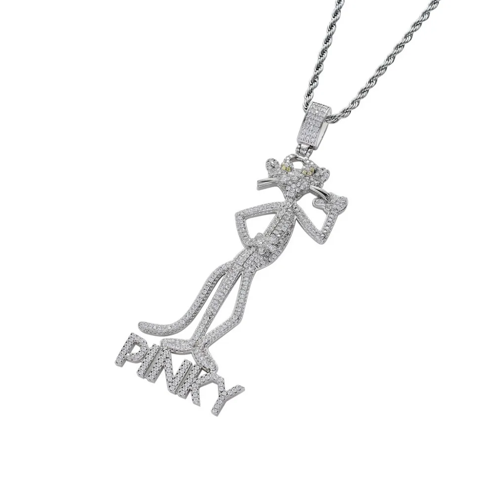 Микро проложили AAA кубического циркония Bling Iced Out Ankh крест Розовая пантера Подвески ожерелье для мужчин хип хоп рэппер ювелирные изделия серебро