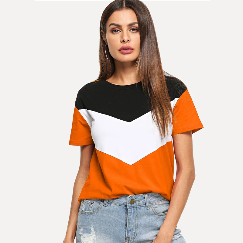 SweatyRocks Cut and Sew Tee многоцветный короткий рукав круглый вырез пэчворк повседневные топы женские летние Athleisure футболка с цветными деталями