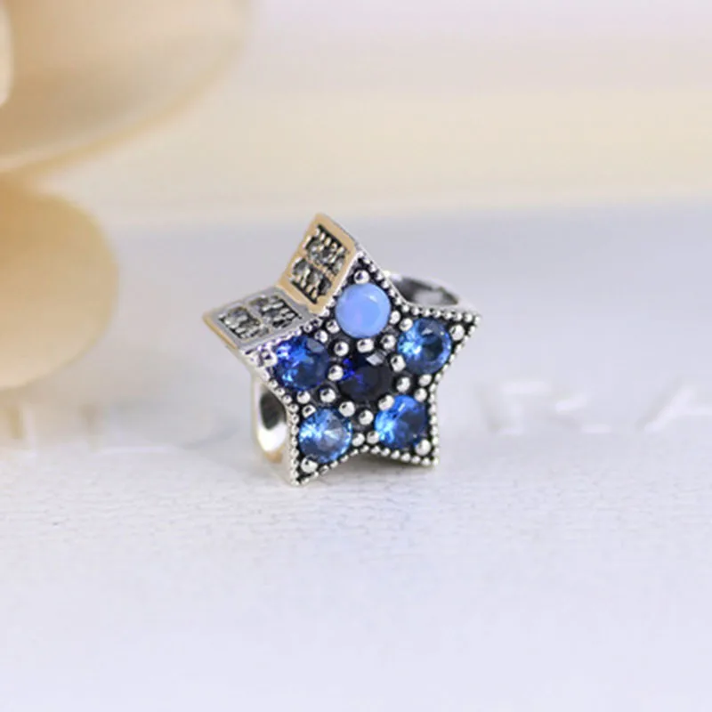 

100% 925 Sterling Silver Pave Full Blue Clear CZ Pentagram Charm Beads Fits PAN bracelets DIY Jewelry making