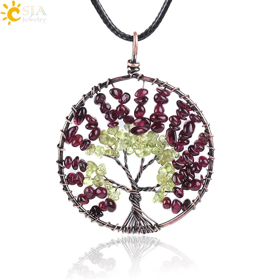 CSJA Tree of Life Chip Natural Stone Necklace & Pendants Purple Yellow Crystal Quartz Green Aventurine Reiki Chakra Jewelry E767 |
