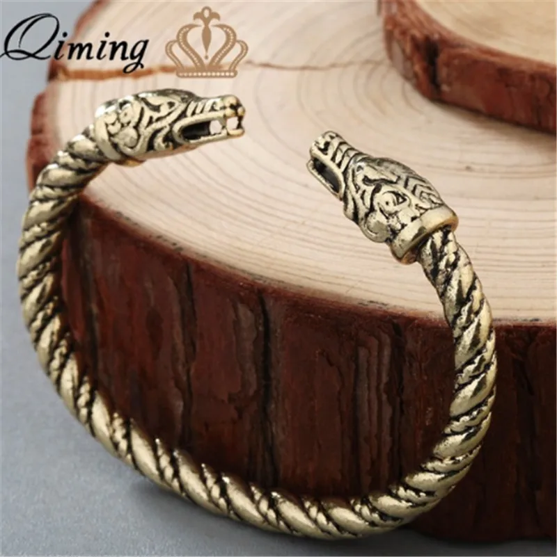 QIMING Dragon браслет, браслет Викинг Фенрир, языческий браслет, мужские ювелирные изделия, славянская голова волка, браслеты-манжеты для женщин, браслеты из серебра - Окраска металла: as picture