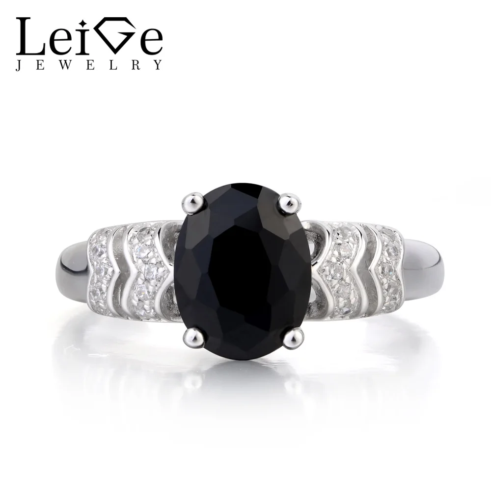 

Leige Jewelry Natural Black Spinel Ring Engagement Ring Oval Cut Black Gemstone 925 Sterling Silver Ring Romantic Gifts for Her