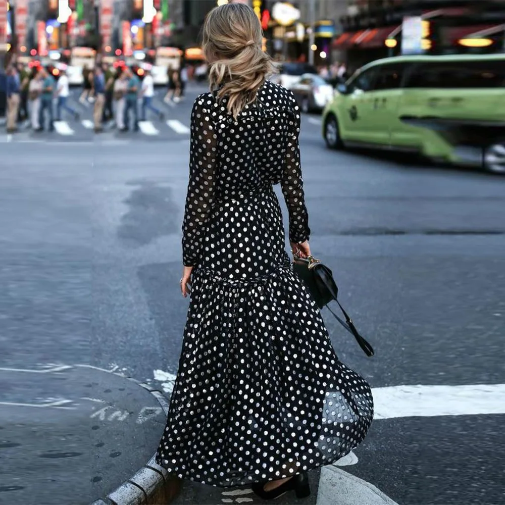 Женское платье-макси в горошек с V-образным вырезом и длинным рукавом - купить по