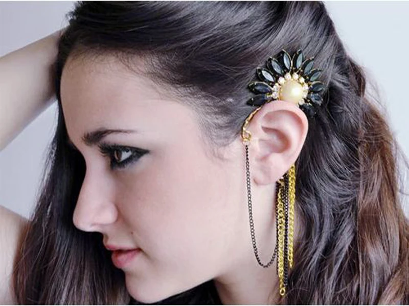 2016 модные Хрустальные черные подсолнухи цепи кисточкой Золотые уши манжеты для