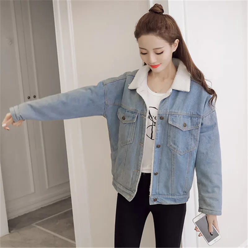 Демисезонный Новинка зимы 2018 Для женщин овечьей шерсти джинсовое пальто с 4